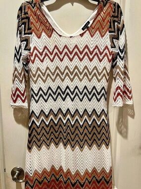 Fresh of LA Zig Zag Chevron Knit Midi Dress Bohemian Autumn Earthy Size PM